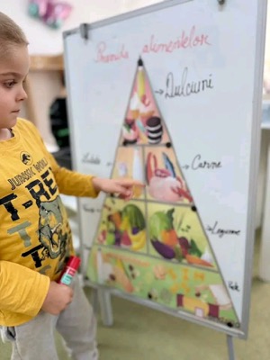 Copil învățând despre piramida alimentelor